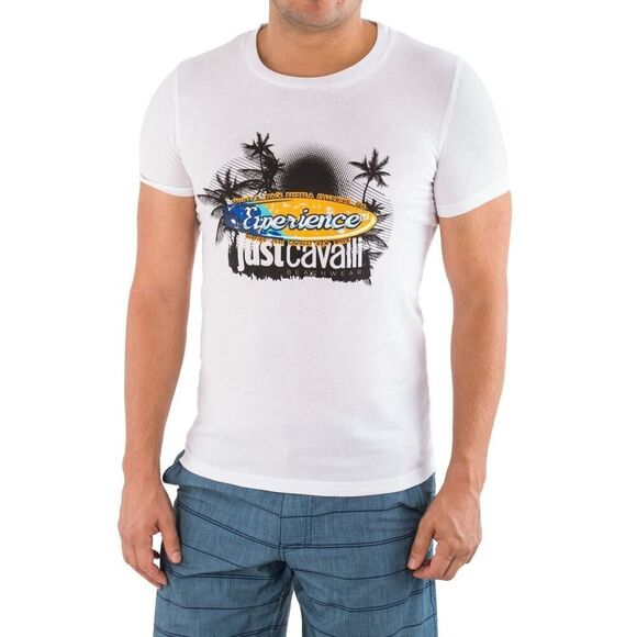 New Just Cavalli Men S / 48 White Cotton Crewneck T-Shirt Summer Print Top - Picture 2 of 4